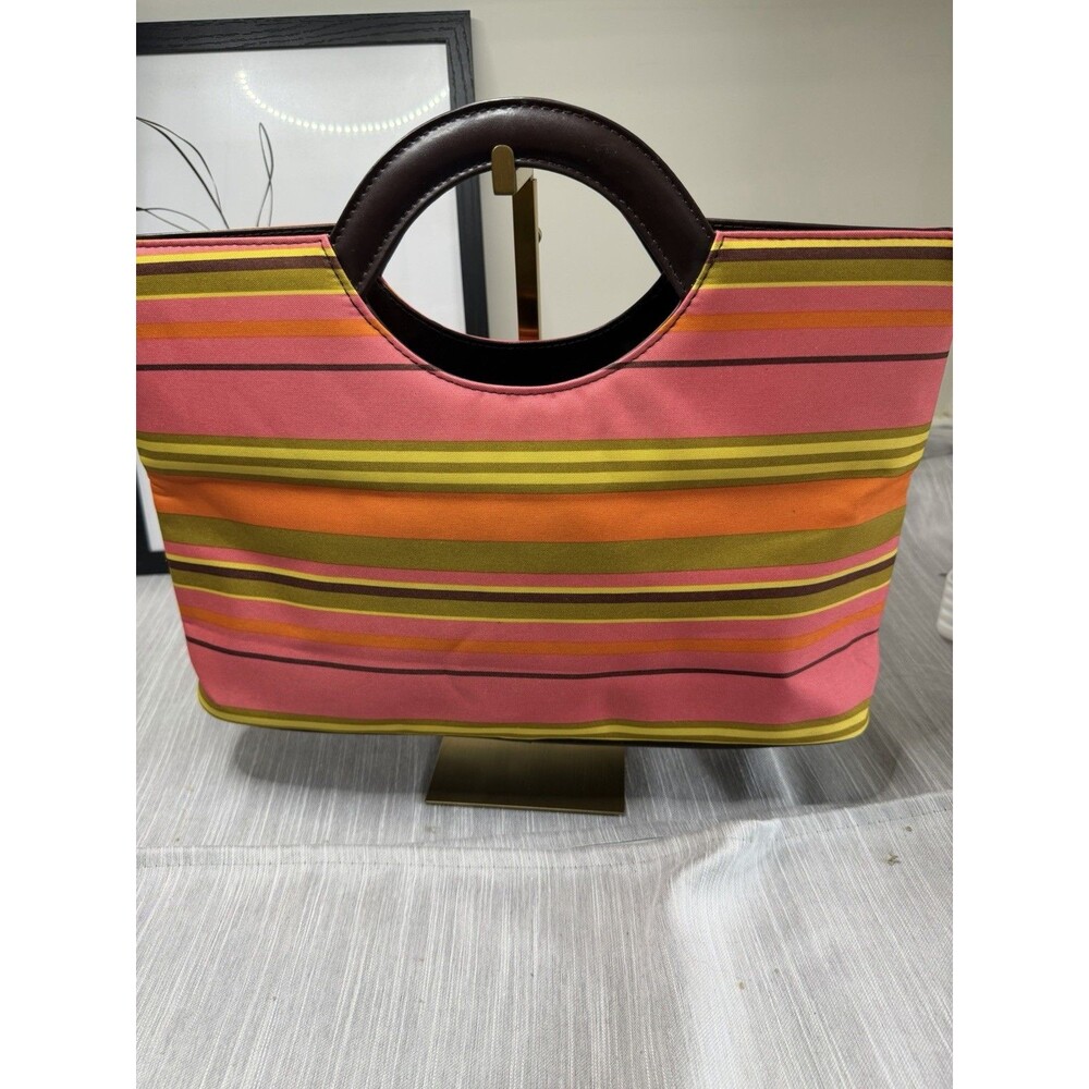 Vintage Women's Orange Yellow Brown Canvas Vacation Striped Handbag